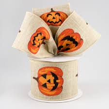 Natural Linen w/ Jack O Lantern Wired Ribbon - 1.5" x 10yds