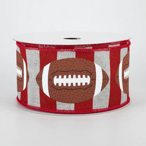 Gray & Scarlet Burlap Stipes w/  Football Wired Ribbon - 2.5" x 10yds