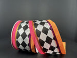 Black & White Harlequin Orange & Hot Pink Edge Wired Ribbon - 2.5" x 10yds