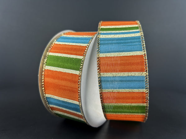 Rust, Blue & Moss Painted Glitter Stripe Wired Ribbon - 1.5
