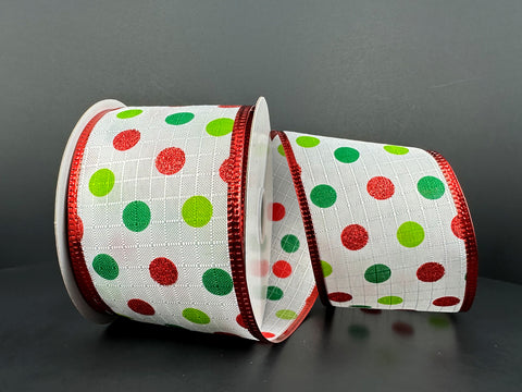Green & Red Glitter Dots Metallic Edge Wired Ribbon - 2.5" x 10yds