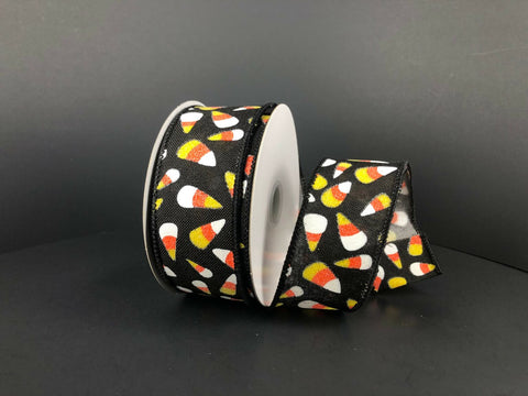 Shimmer Candy Corn On Black Wired Ribbon - 1.5" x 10yds