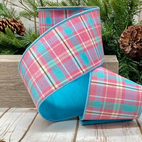 Dupioni Fused Plaid, Pink/Aqua Wired Ribbon - 4" x 10yds