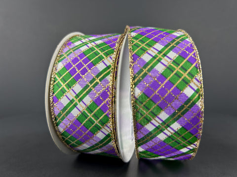 Purple, Emerald & Gold Busy Plaid Wired Ribbon - 1.5" x 10yds