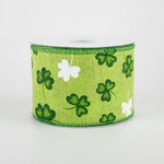 Green & White Shamrocks Lime Burlap Wired Ribbon - 2.5"x10Yds