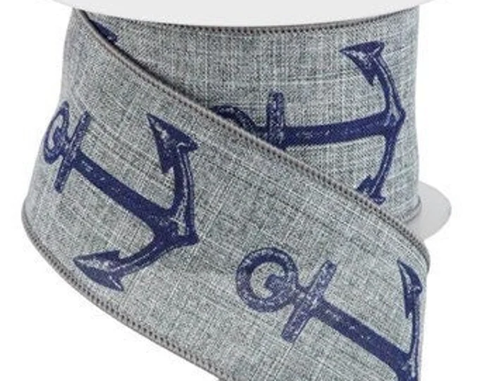 Grey Burlap Bold Anchor Wired Ribbon - 2.5" x 10yds