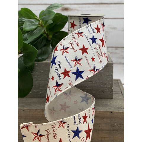 Linen Patriotic Stars Wired Ribbon - 4”x10Yds
