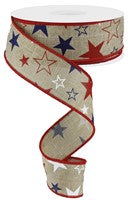 Stars On Burlap Wired Ribbon - 1.5"x100Ft