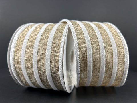 Burlap & White Flocked Cabana Stripe Wired Ribbon - 2.5" x 10yds
