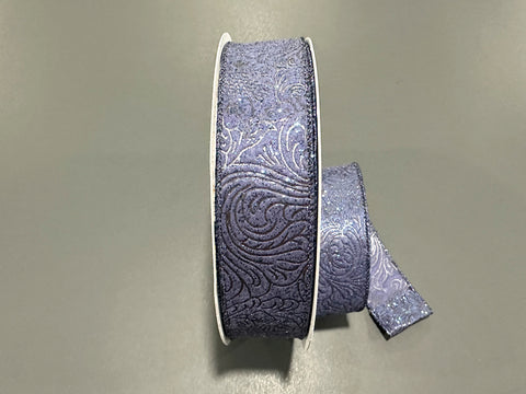 Navy Glittered Flower Embossed Wired Ribbon - 1.5" x 50yds