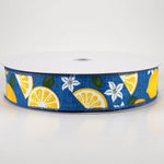 Royal Blue Linen Lemons & Flowers Wired Ribbon - 1.5" x 50yds