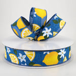 Royal Blue Linen Lemons & Flowers Wired Ribbon - 1.5" x 50yds