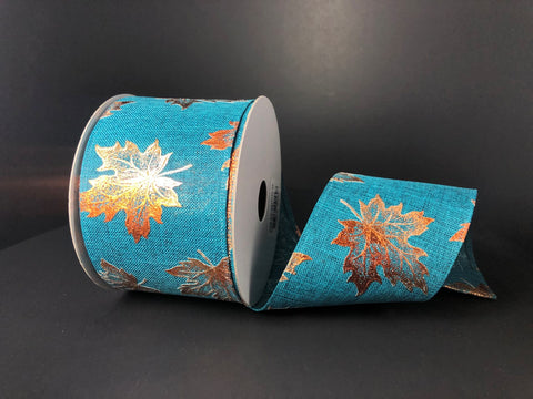 Rust Embossed Leaves Teal Wired Ribbon - 2.5" x 10yds