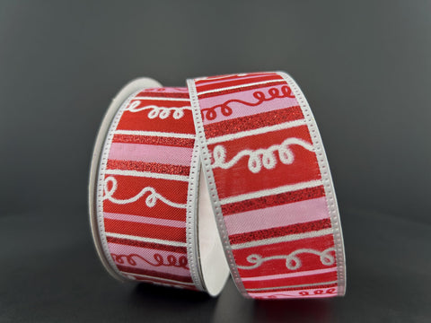 Pink, Red & White Iridescent Loopy Stripes Wired Ribbon - 1.5" x 10yds