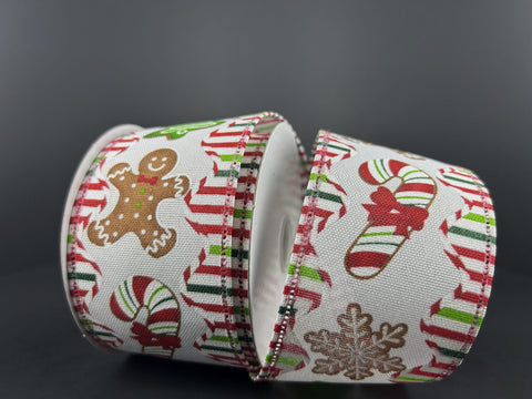 Christmas Cookies & Candy Cane Stripes Wired Ribbon - 2.5" x 10yds
