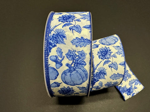 Blue Fall Toile Cream Wired Ribbon - 2.5" x 50yds