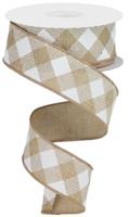 Tan/White Diagonal Check Wired Ribbon - 1.5" x 10yds