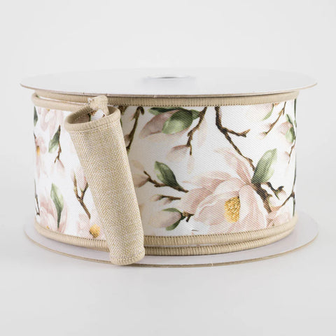 Magnolias w/ Burlap Backing Wired Ribbon - 2.5" x 10yds