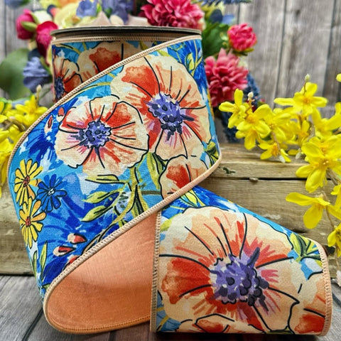 Dupioni Watercolor Primrose Daisies Wired Ribbon - 4" x 10yds