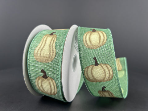 Dusty Teal Ivory Pumpkin Wired Ribbon - 1.5" x 10yds