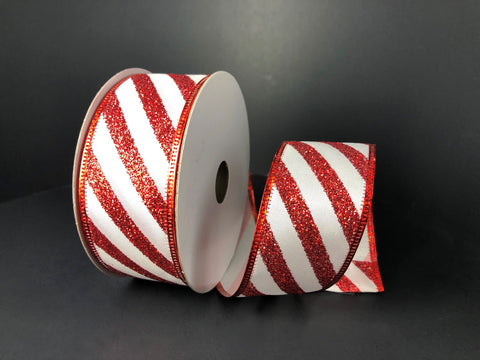 Glitter Candy Cane Stripes White Satin Wired Ribbon - 1.5" x 10yds