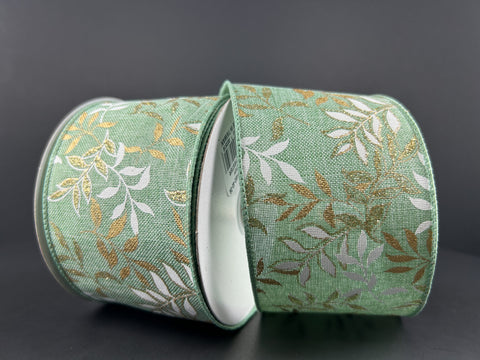 Mint Gold Pressed Branches Wired Ribbon - 2.5" x 10yds