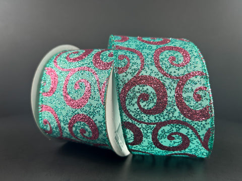 Teal Glitter Pink Glitter Swirls Wired Ribbon - 2.5" x 10yds