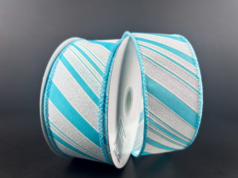 Aqua & White Iridescent Diagonal Stripe Wired Ribbon - 1.5" x 10yds