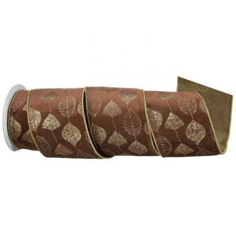 Brown & Gold Velvet Birch Leaf Wired Ribbon - 4" x 5yds