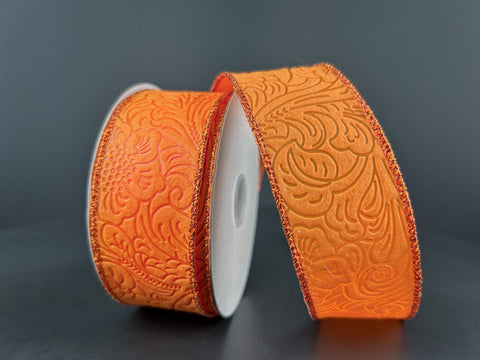 Orange Flower Embossed Wired Ribbon - 1.5" x 10yds