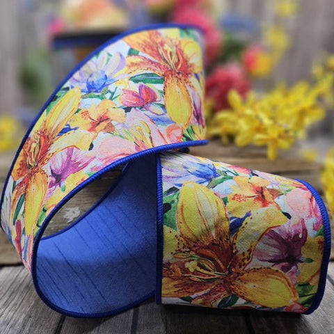 Dupioni Watercolor Summer Floral Wired Ribbon - 4" x 10yds
