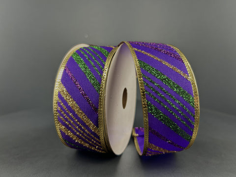 Emerald,Gold & Emerald Glitter Stripe Purple Satin Wired Ribbon - 1.5" x 10yds