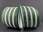 Hunter Green & White Flocked Cabana Stripe Wired Ribbon - 2.5" x 10yds