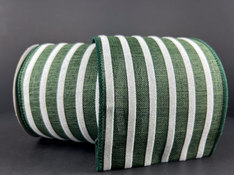Winter Green & White Flocked Cabana Stripe Wired Ribbon - 4" x 10yds
