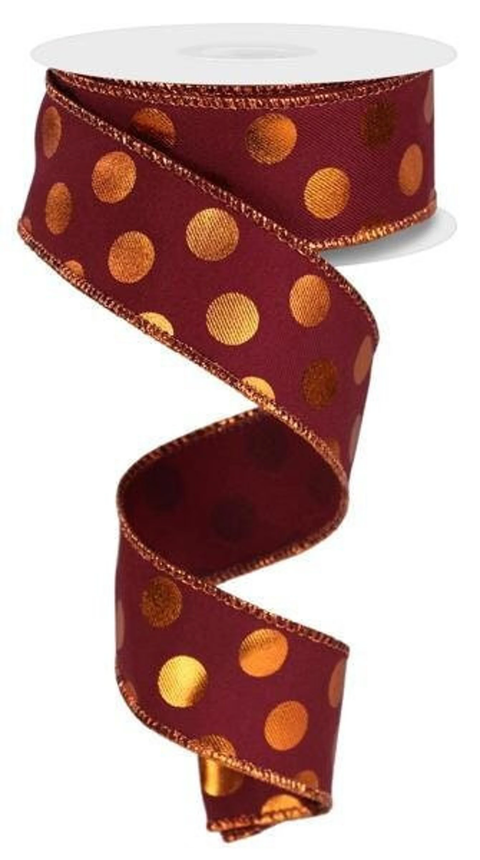 Metallic Wine & Copper Polka Dot Wired Ribbon - 1.5” x 10yds