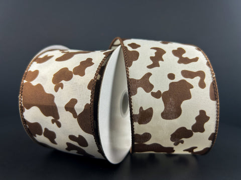 Ivory & Brown Cow Print Wired Ribbon - 2.5" x 10yds