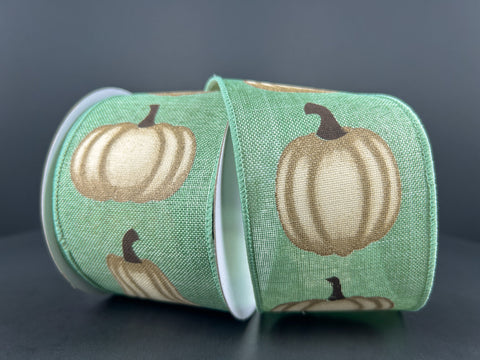Dusty Teal Ivory Pumpkin Wired Ribbon - 2.5" x 10yds