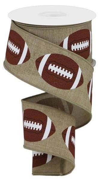 Footballs on Burlap Wired Ribbon - 2.5" x 10yds