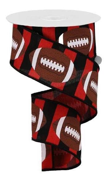 Red & Black Striped Football Wired Ribbon - 2.5" x 10yds