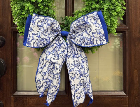 6" x 18" Taffeta Acanthus Scroll Bow - Chinoiserie Blue/White