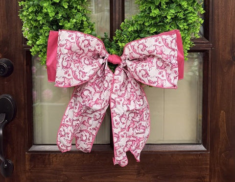 6" x 18" Taffeta Acanthus Scroll Bow - Chinoiserie Hot Pink/White