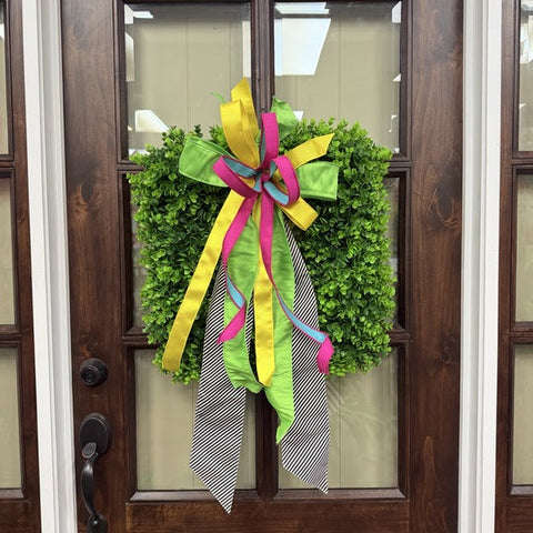 Black & White Diagonal Stripe Sash Bow Eucalyptus SQUARE Wreath - 22" - UV Protected