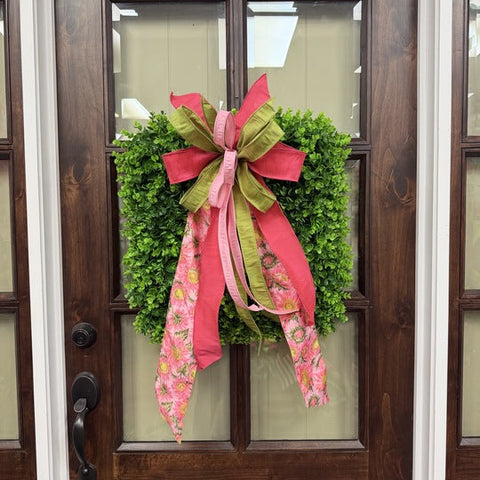 Pink Sunflower Sash Bow Eucalyptus SQUARE Wreath - 22" - UV Protected