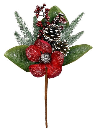 14" Magnolia With Snowed Pine Cones - Red