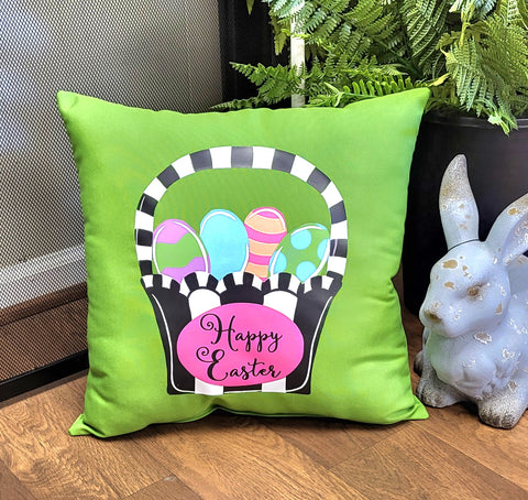 Custom Pillow - Happy Easter Basket and Eggs on Apple Green Outdoor Fabric