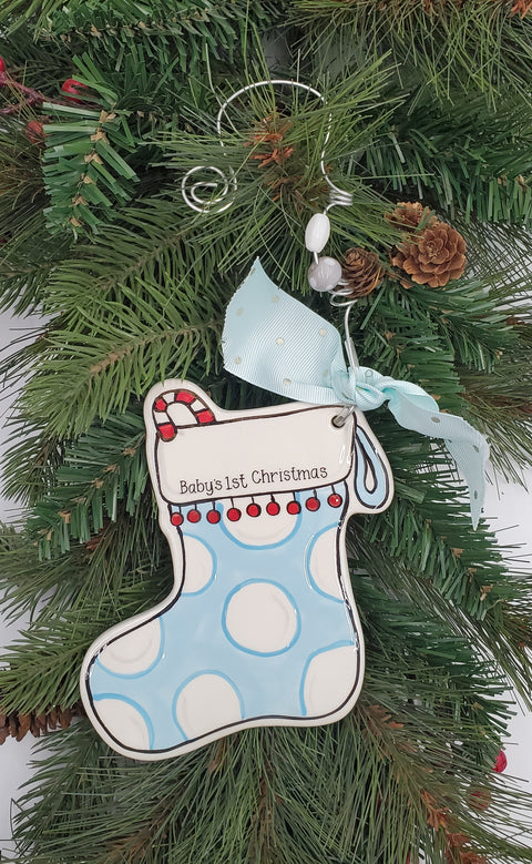 Baby's 1st Christmas Stocking Flat Ornament - Blue