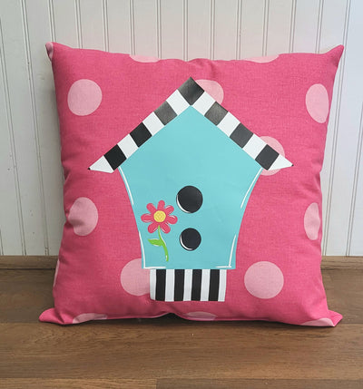 Custom Pillow - Birdhouse - Turquoise on Candy Pink with Light Pink Polka Dot Outdoor Fabric
