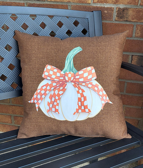 Custom Pillow - Fancy Bow - ORANGE & WHITE CHECKERED - Cream Pumpkin on Brown Outdoor Fabric