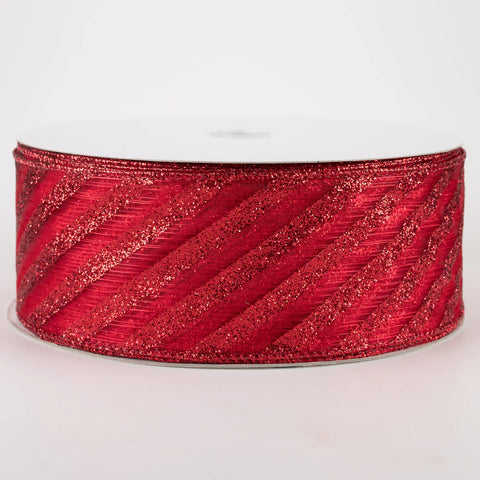 Red & Metallic Glitter Red Candy Cane Stripe Wired Ribbon - 2.5" x 50yds