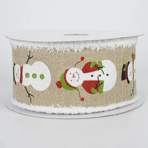 Burlap w/ Snowman & Fluffy Edge Wired Ribbon - 2.5" x 10yds